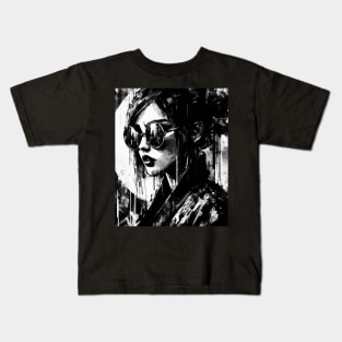 Victorian Woman In Sunglasses Abstract Portrait Ink Brushstrokes Kids T-Shirt